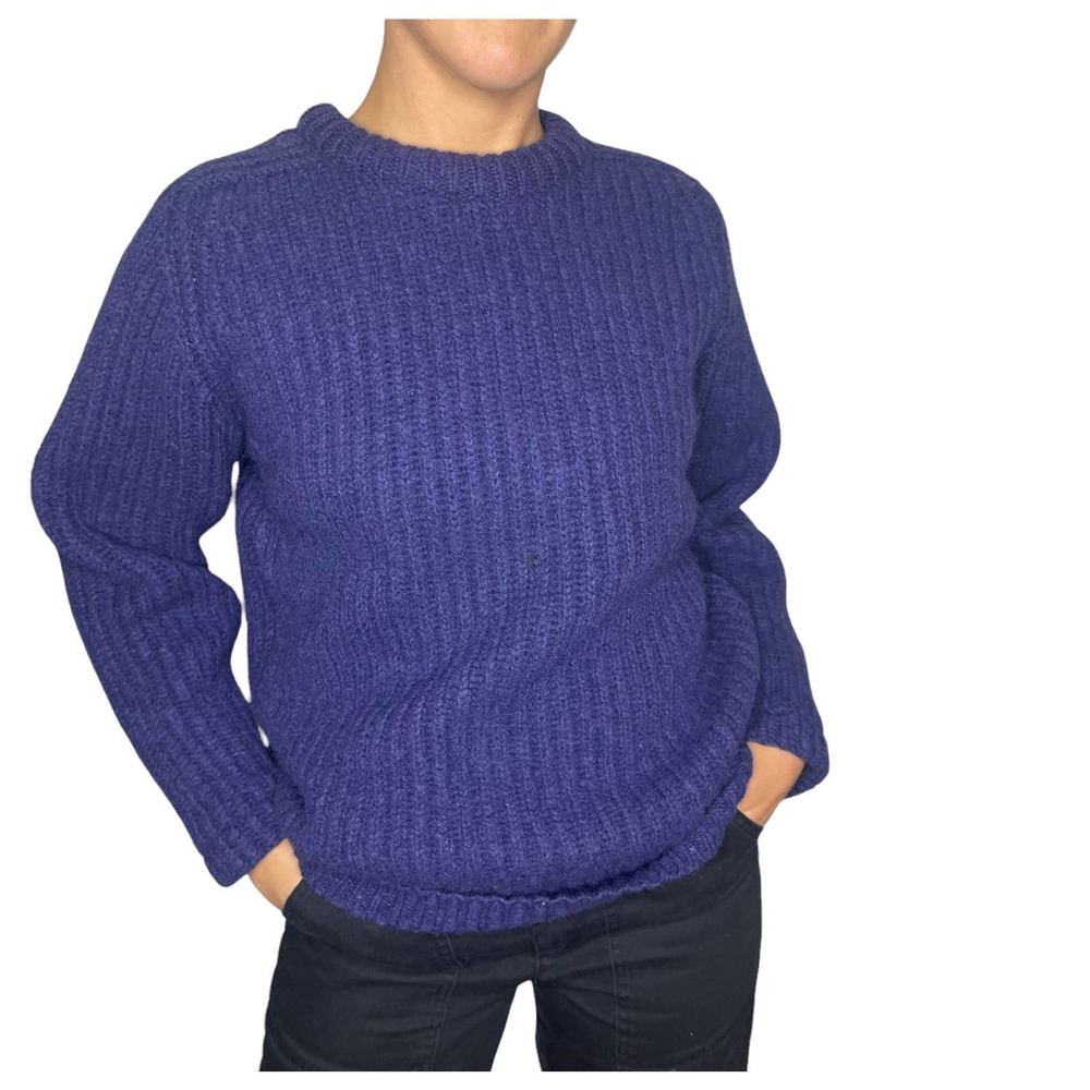 Shetland Wool Knitwear Crew Neck Cable Knit Patterned Sweater in Navy, Men's M